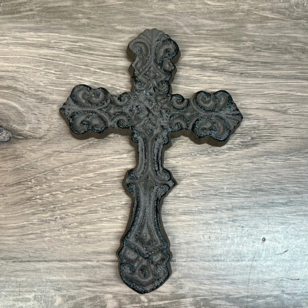 Cast Iron Wall Cross Ornate Fleur De Lis Scrollwork Rustic Church Heavy Set of 2